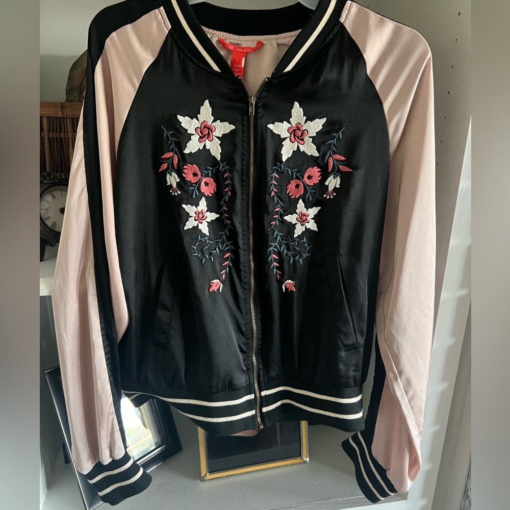 Floral Embroidered Silky Satin Sukadan Bomber Jacket Coat Womens L